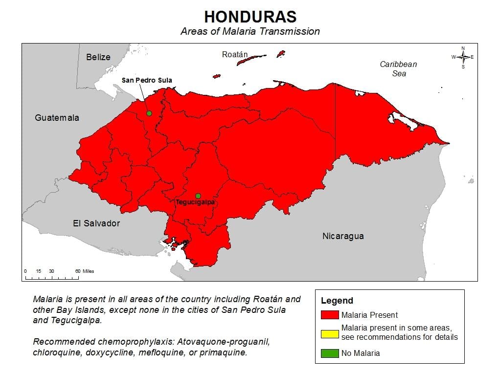 zemljevid Honduras malarija