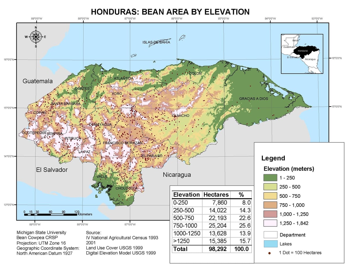 zemljevid Honduras nadmorske višine
