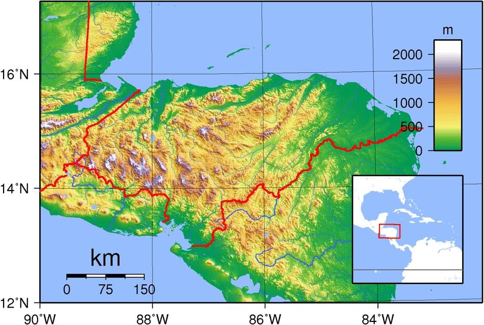 zemljevid Honduras topografske